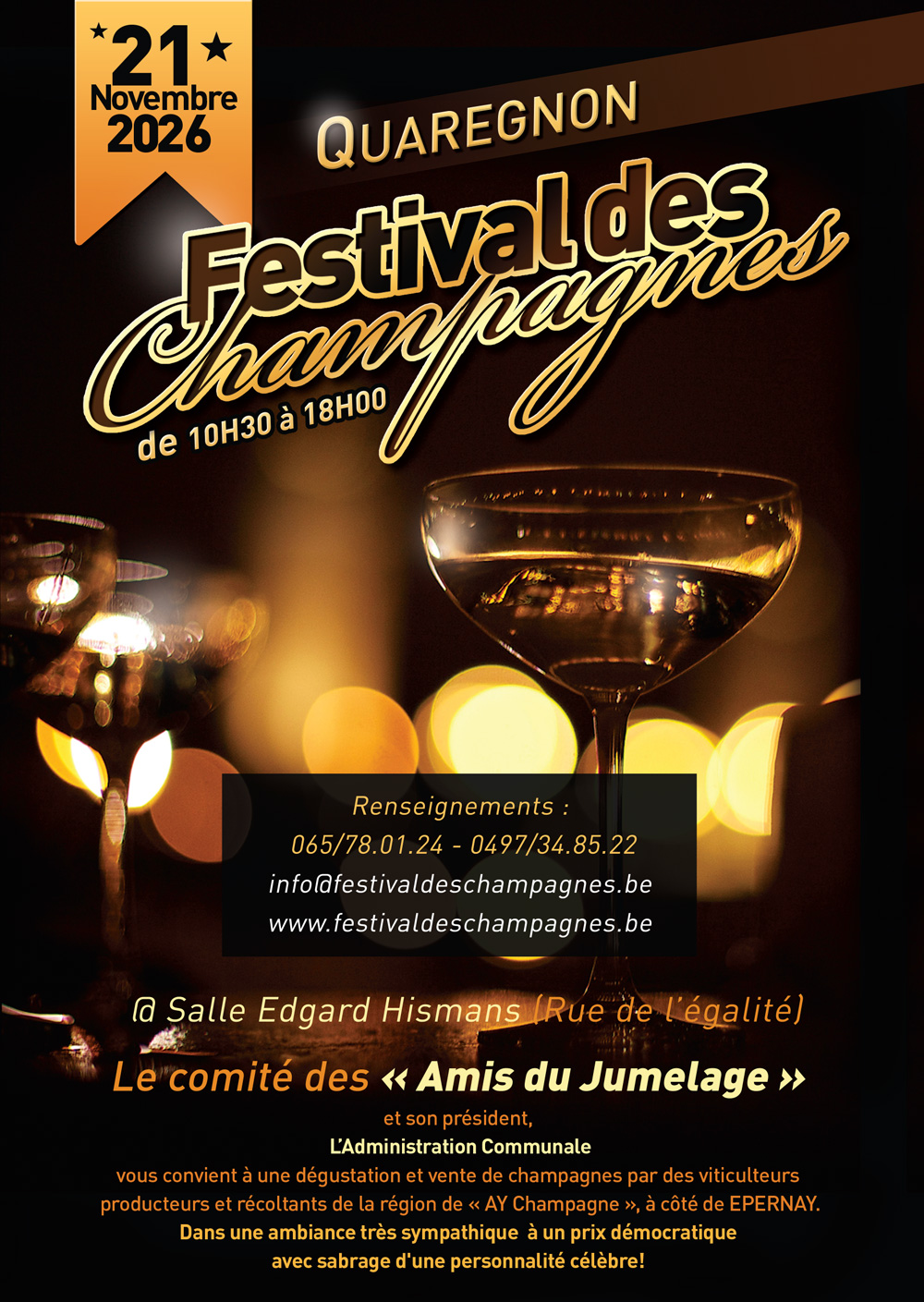 Affiche principale du Festival des Champagnes 2025 à Quaregnon : titre, date du 15 novembre 2025, invités d'honneur et informations de contact.